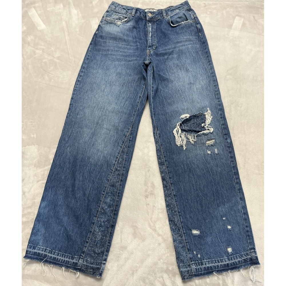 Free People Parker Boyfriend Jeans Women 29 Blue Distressed Wide Leg Raw Hem Exc